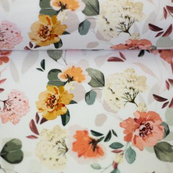 Preview: Baumwolljersey Blüten Apricot/Weiß Töne auf Weiß by Swafing